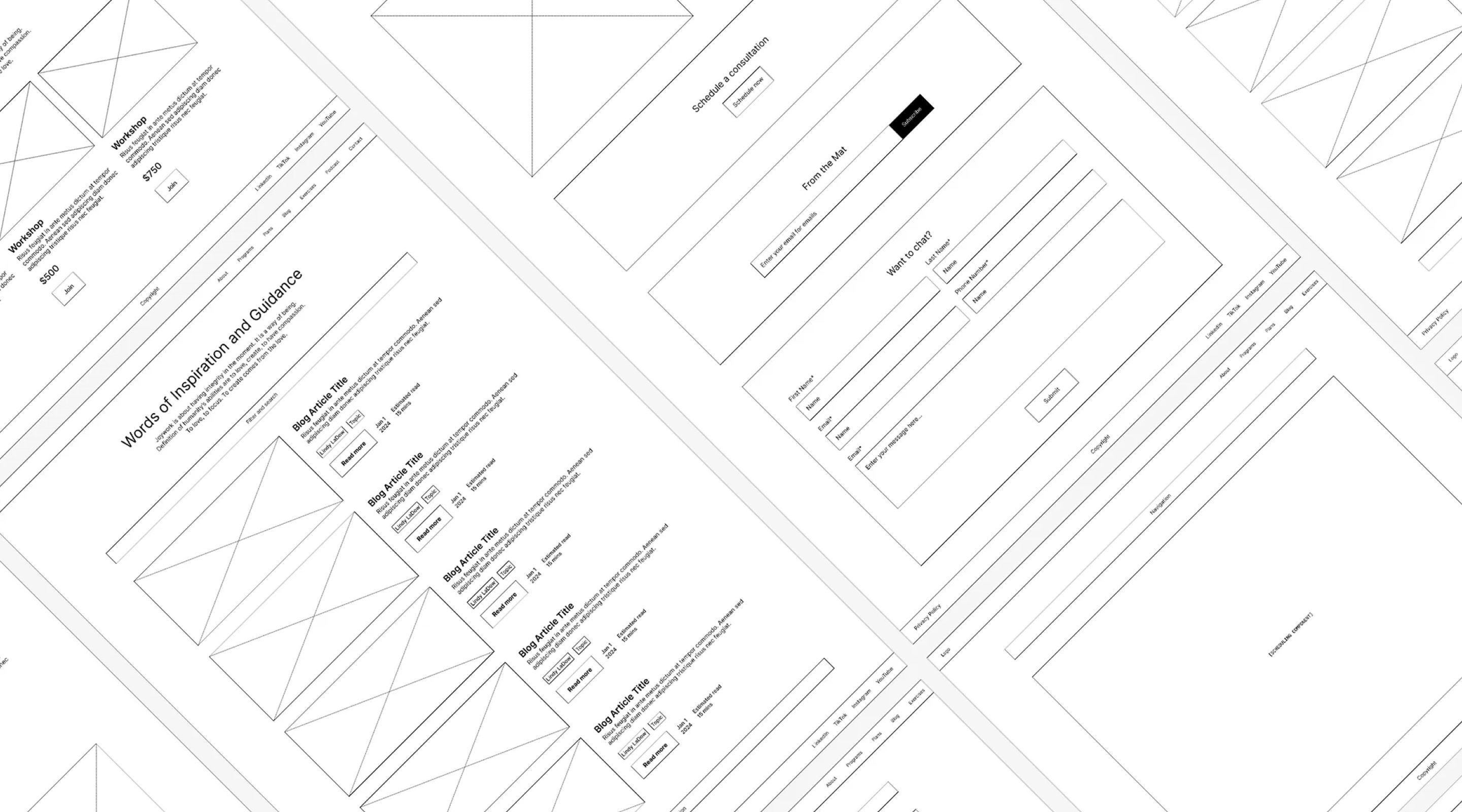 A close-up diagonal detailed view of the Coach Lindy LaDow website wireframes.