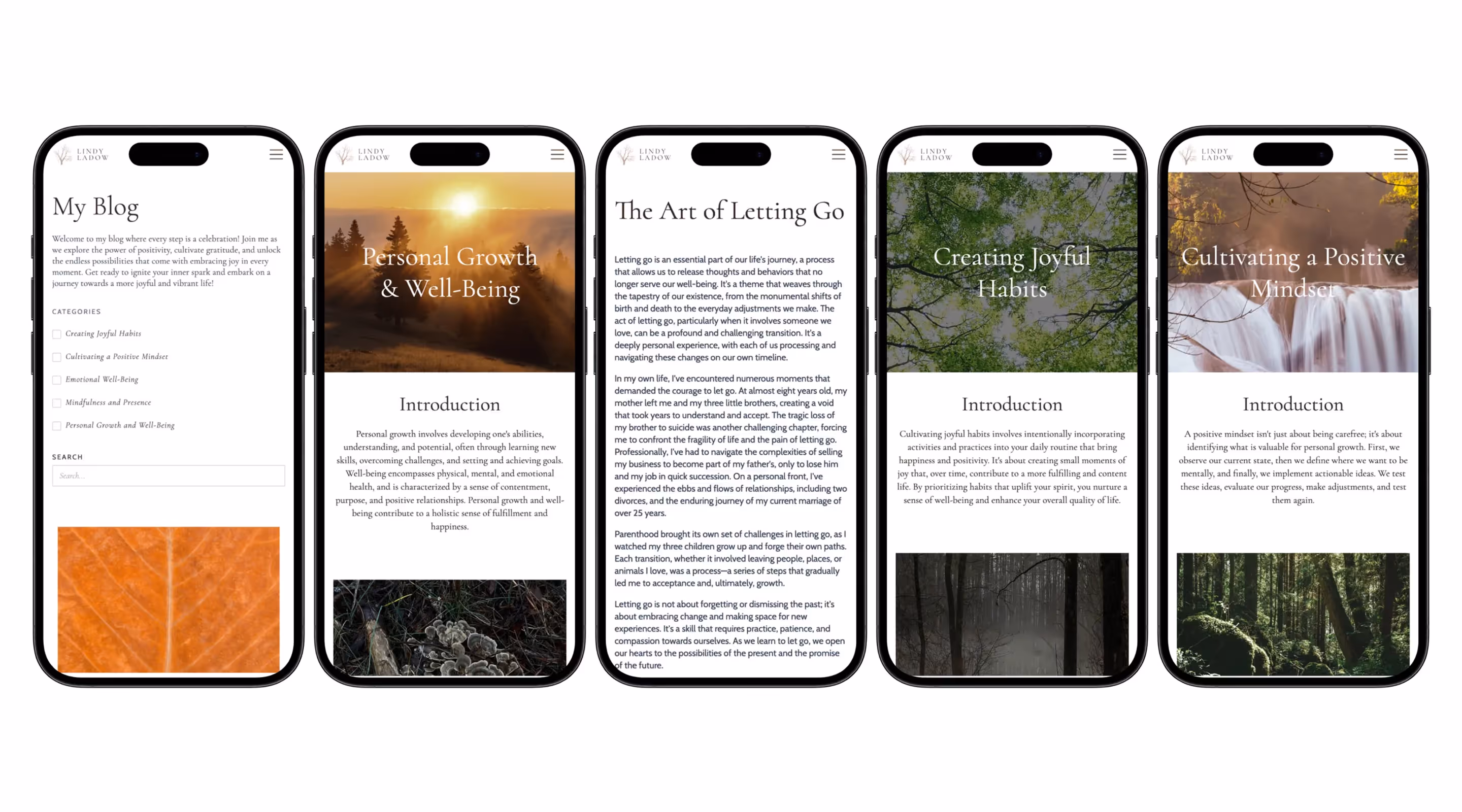 Mobile views of the Coach Lindy LaDow website displayed in phones.