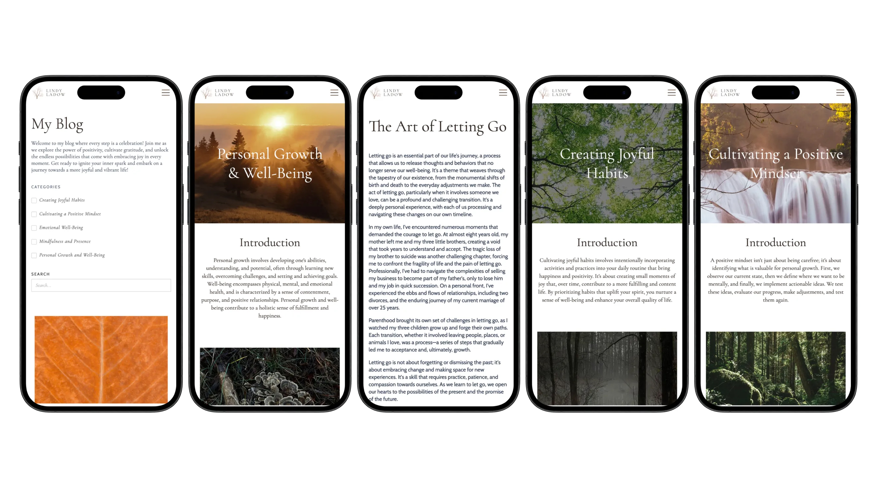 Mobile views of the Coach Lindy LaDow website displayed in phones.