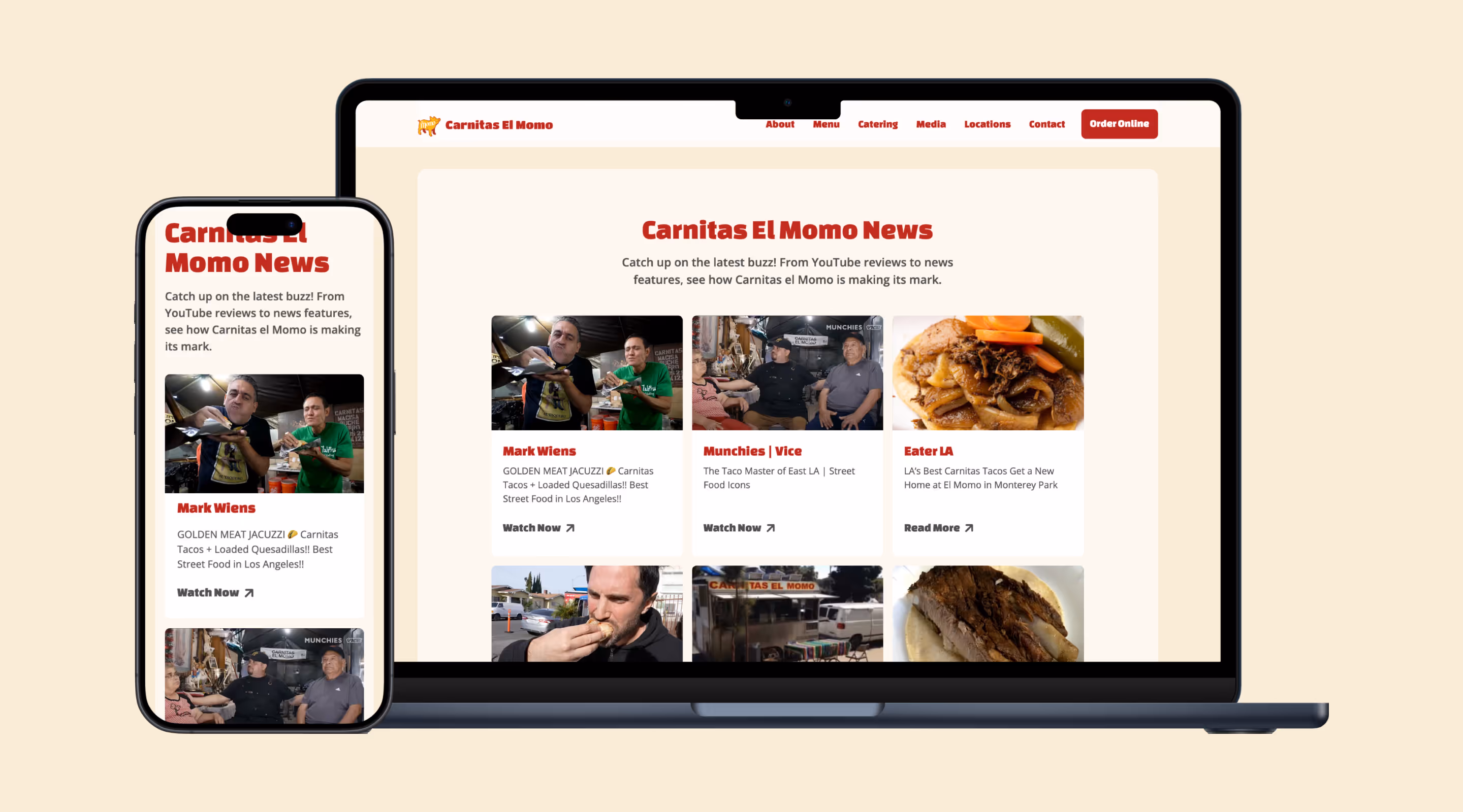 Carnitas El Momo press section displayed on phone and laptop.