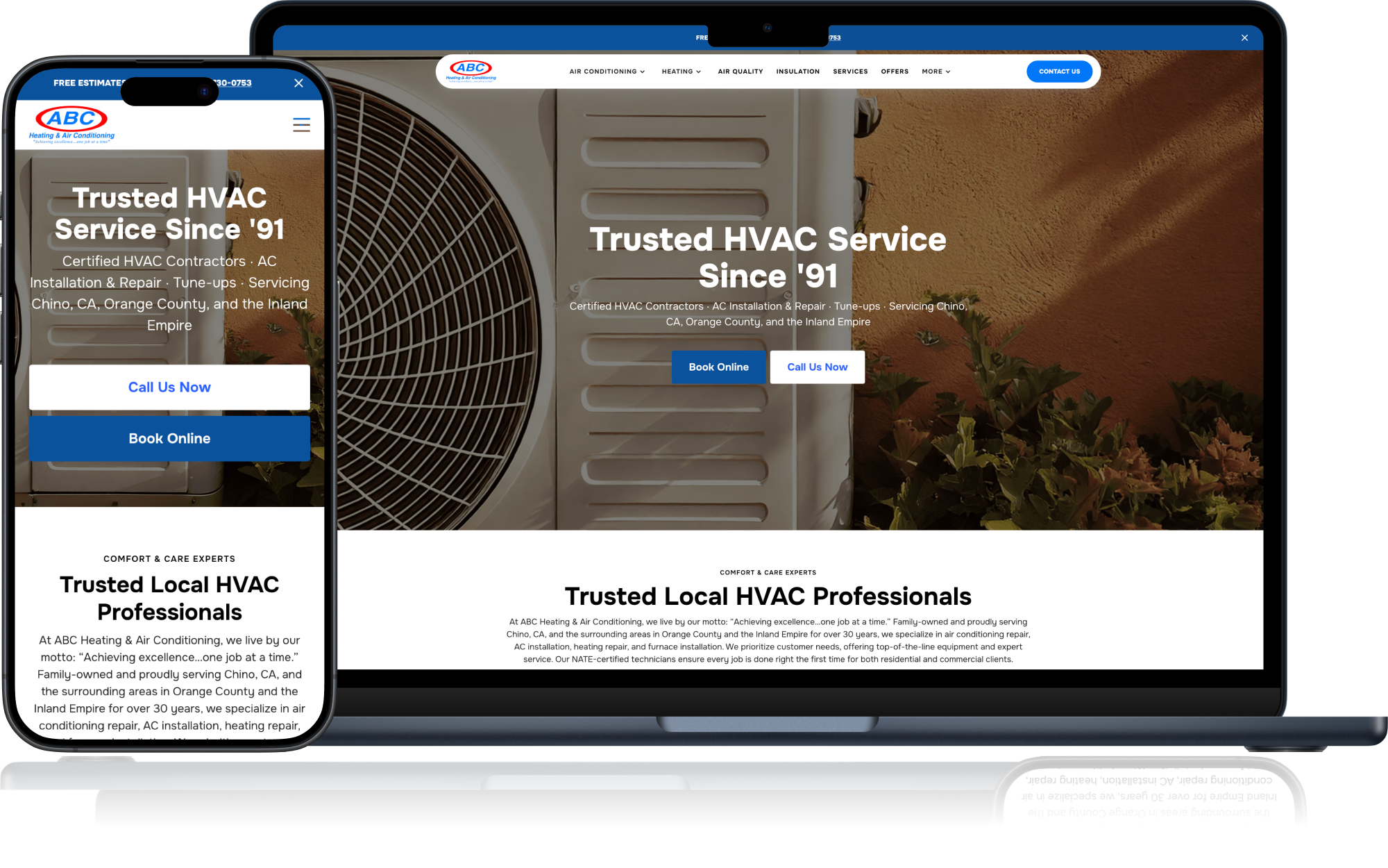 Responsive desktop and mobile view of our ABC Heating & Air Conditioning client.