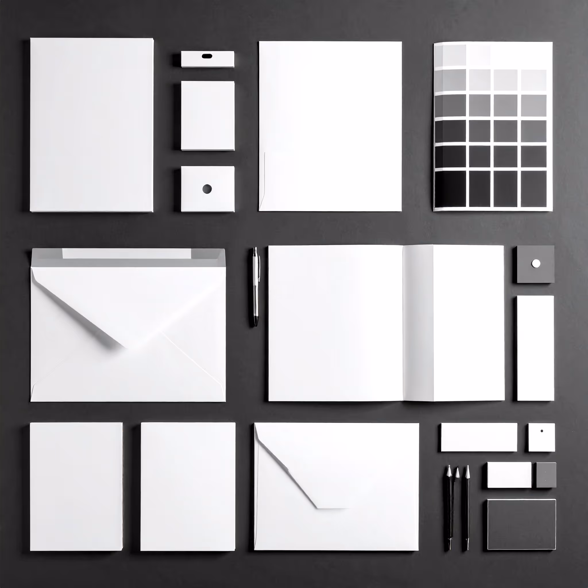 An organized set of clean and modern branded stationery.