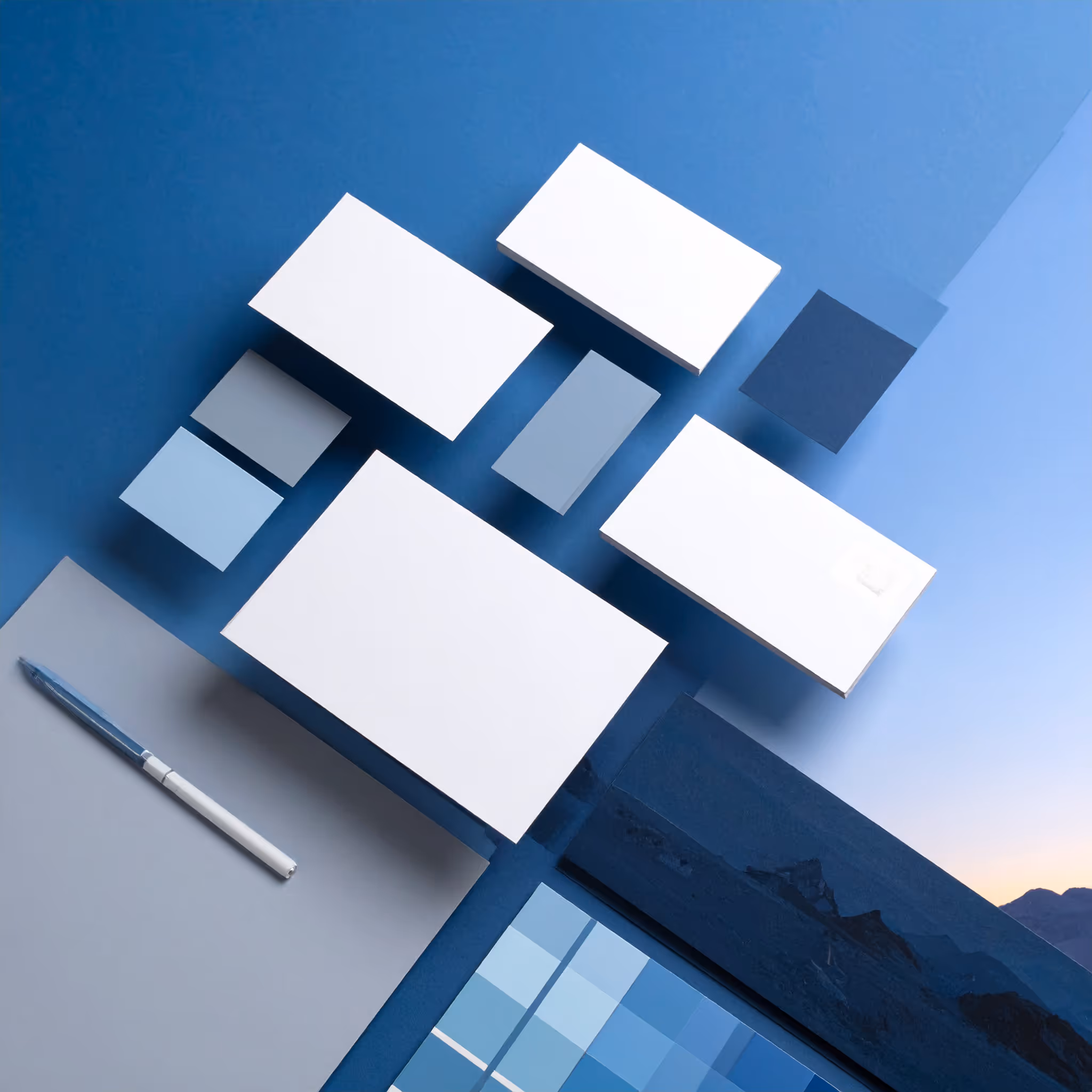 A futuristic set of hovering brand elements in a clean grid.