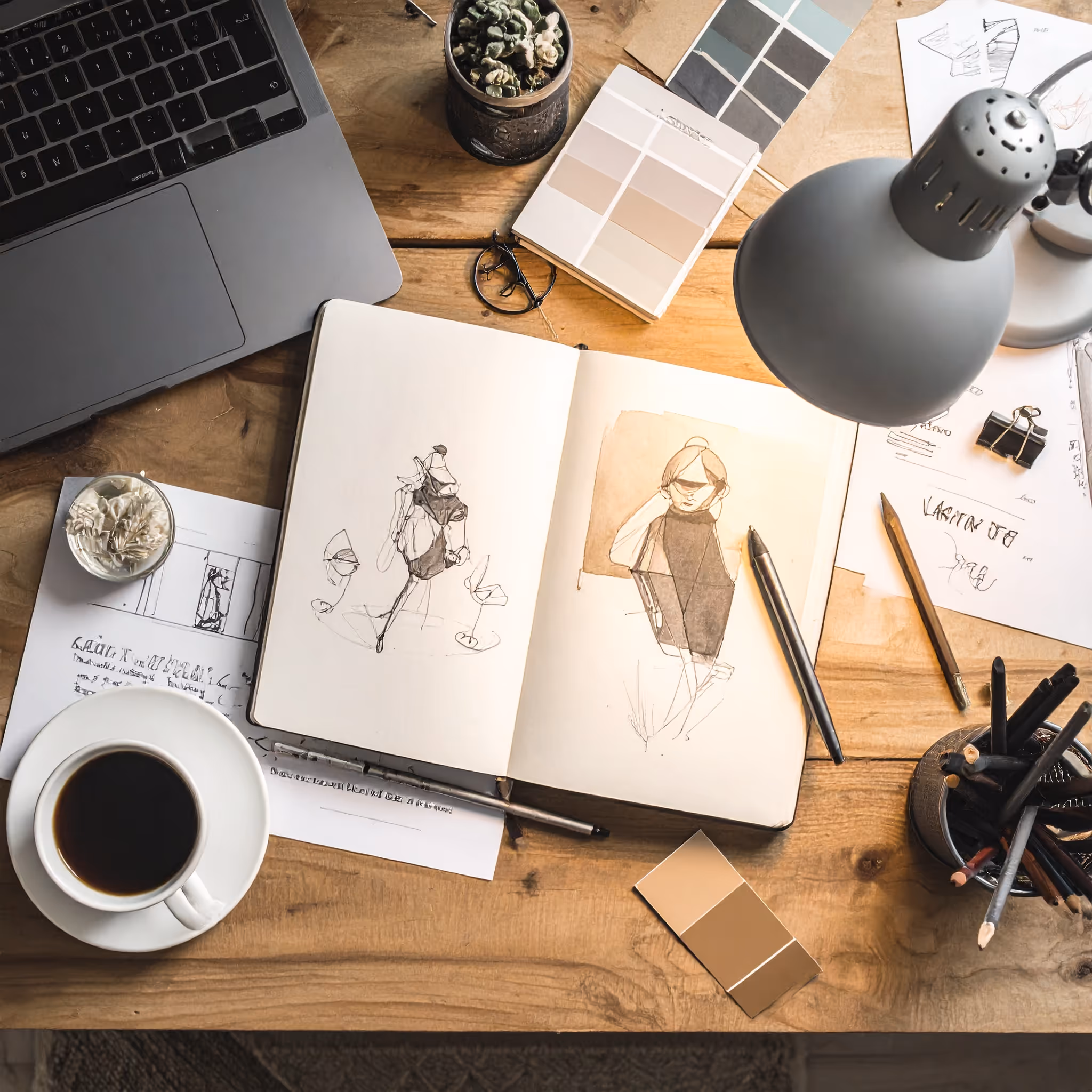 Sketch book surrounded by design items, a laptop computer, coffee and plants.