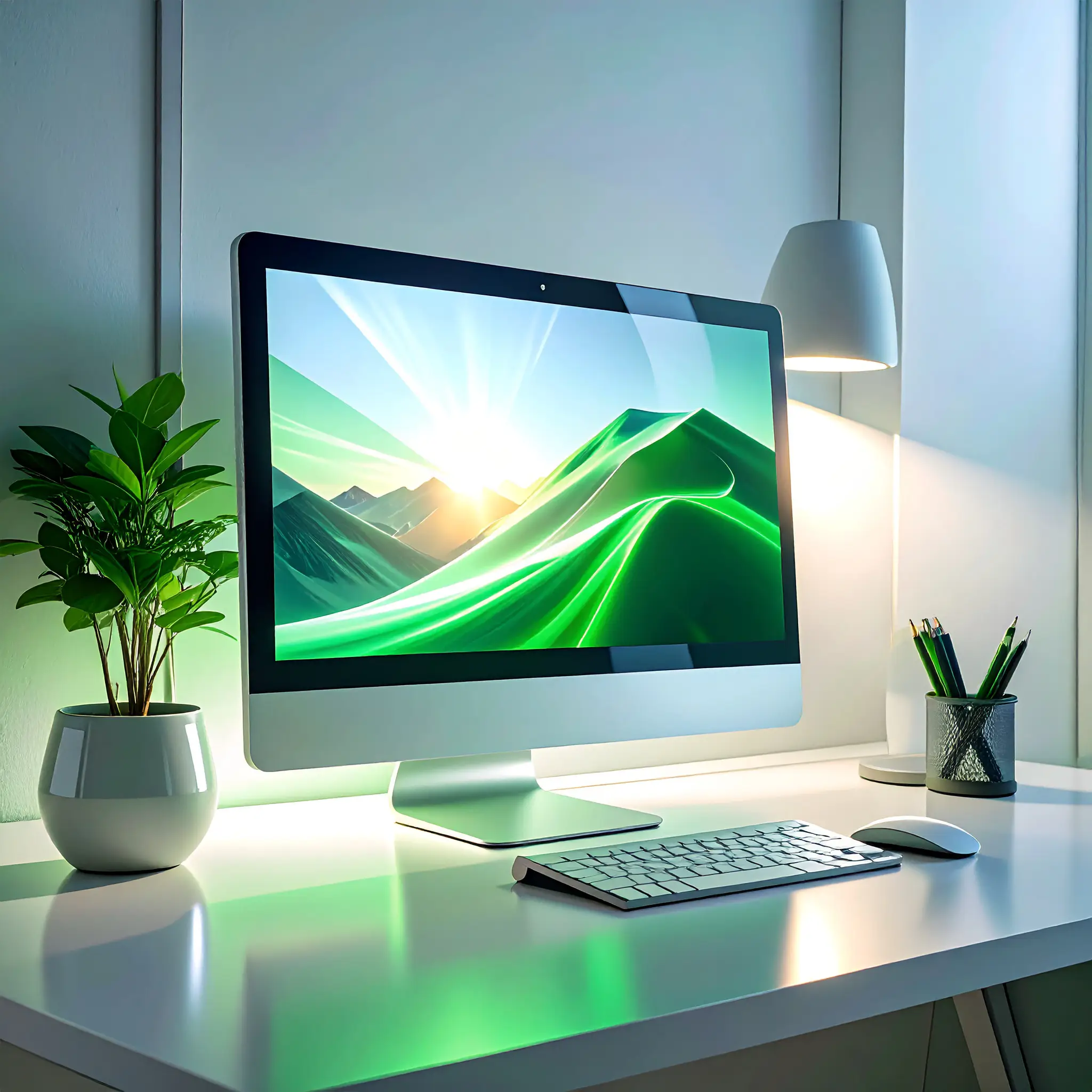 A clean, fresh looking desk with a slick computer monitor, keyboard, plant and a mesh cup filled with pens.