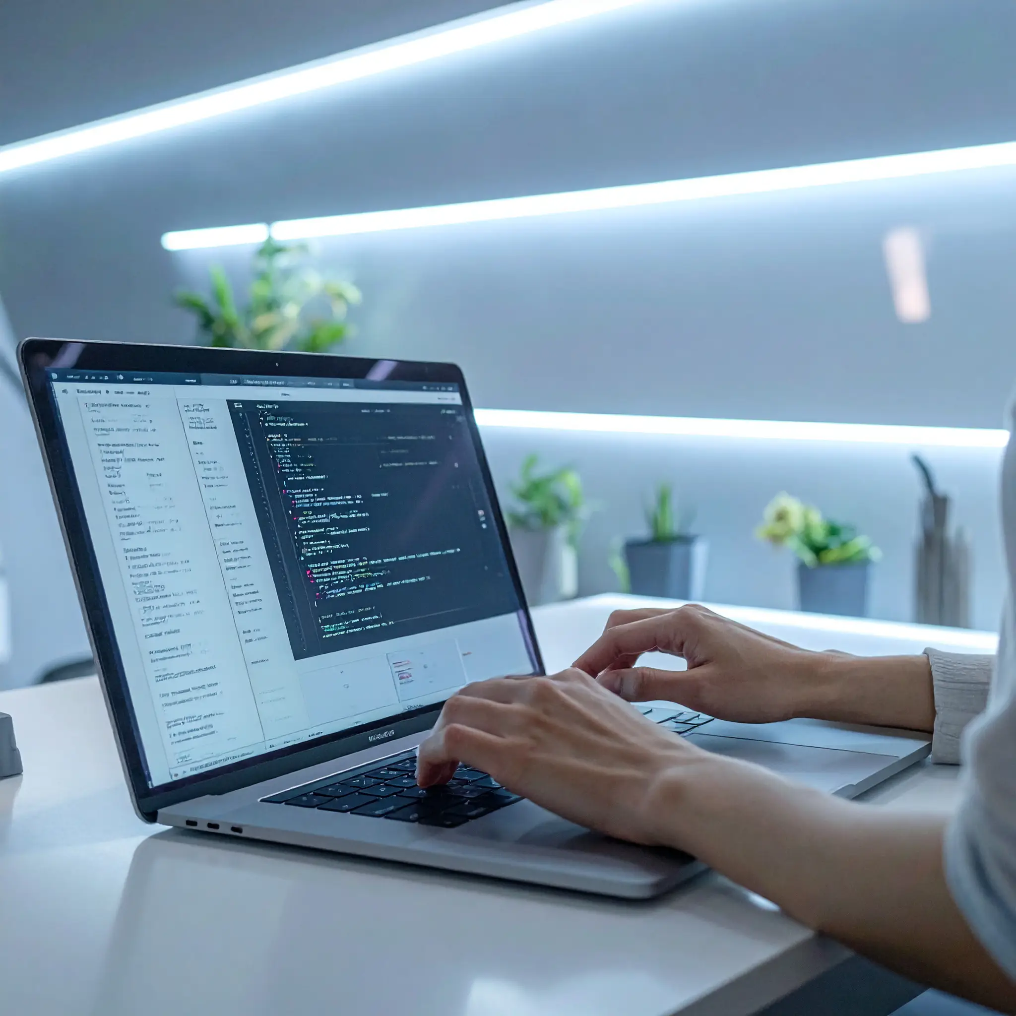 Two hands typing on a computer displaying a code editor with a text document open in the background.