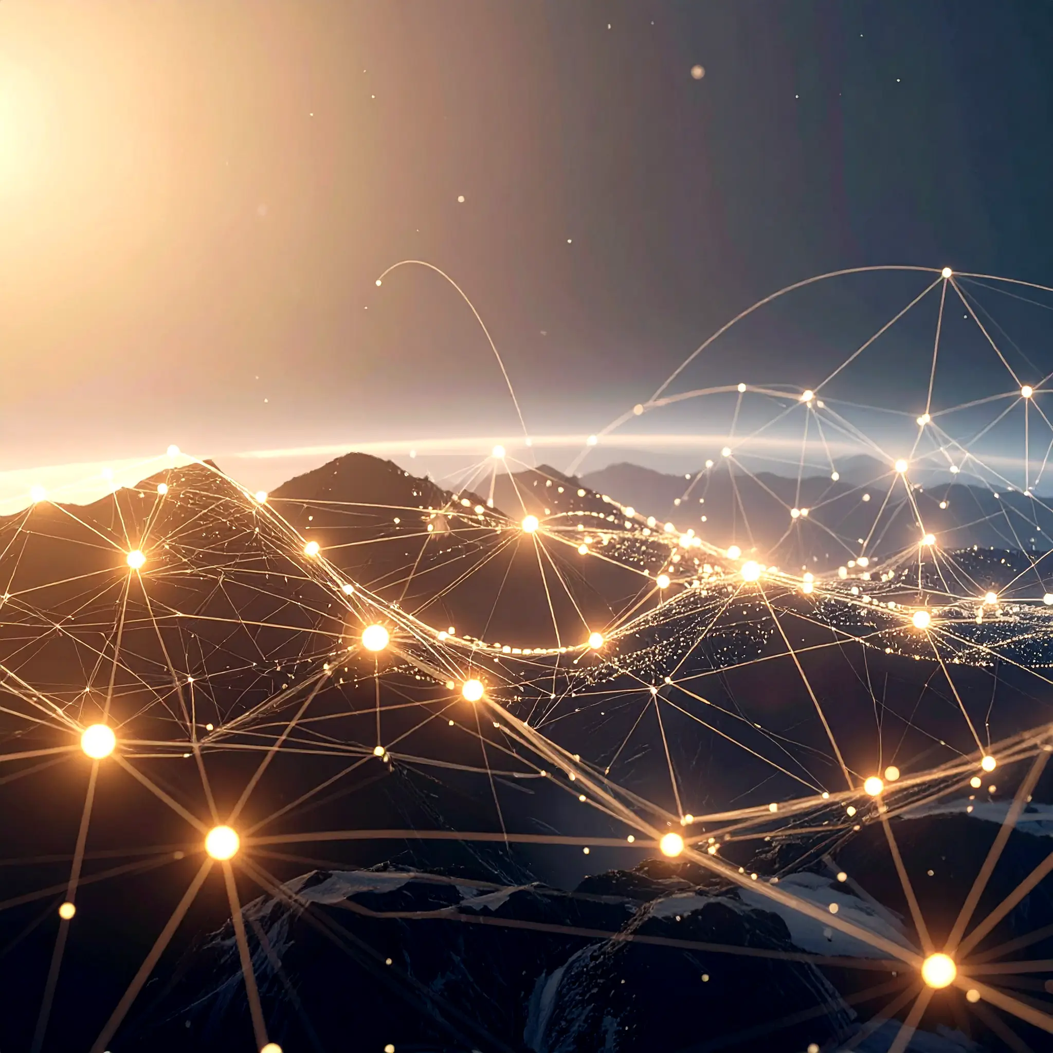 Hotly glowing orbs with connections over a dark mountainous terrain suggesting growth and expansion.