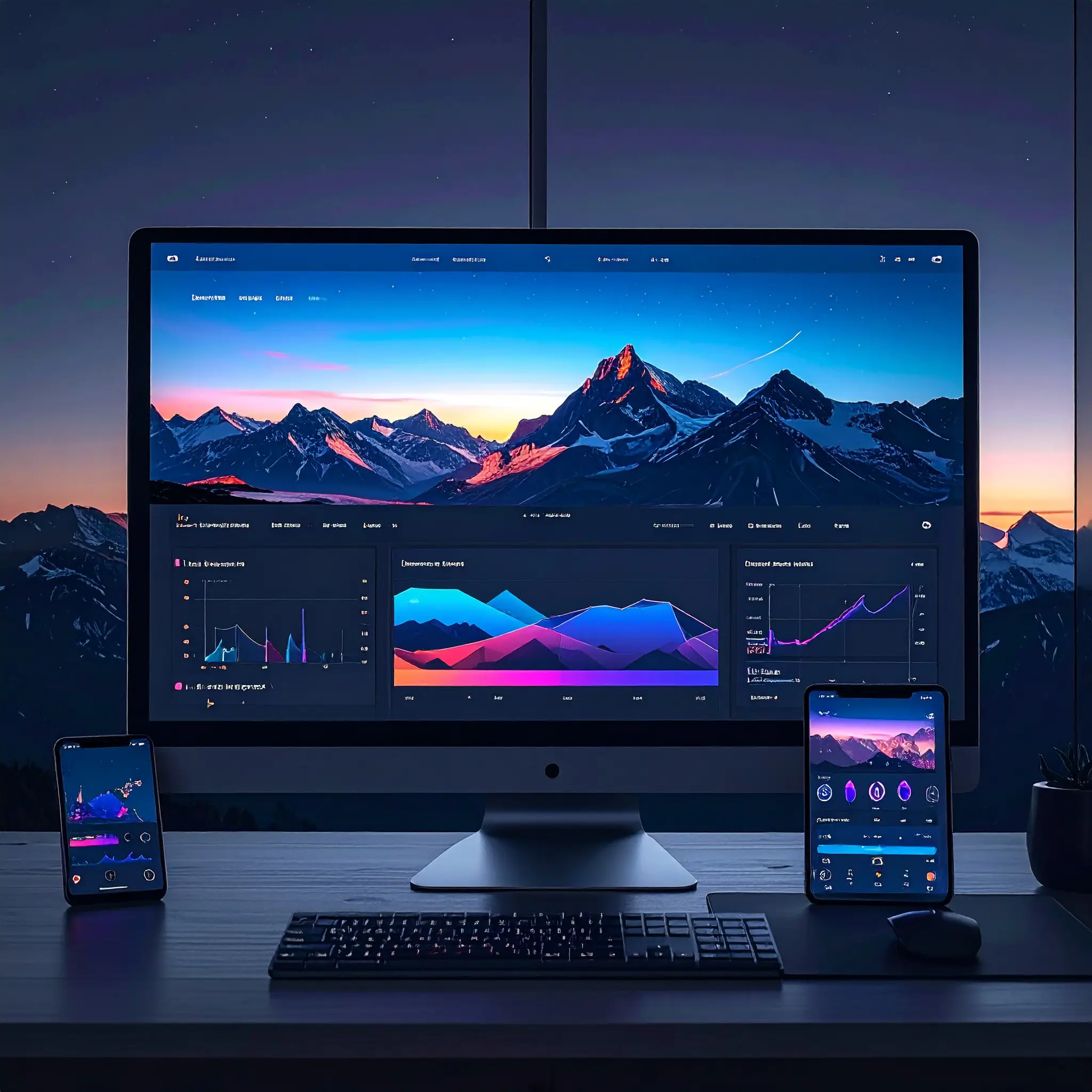 A clean, fresh looking desk with a slick computer monitor, keyboard, plant and a mesh cup filled with pens.