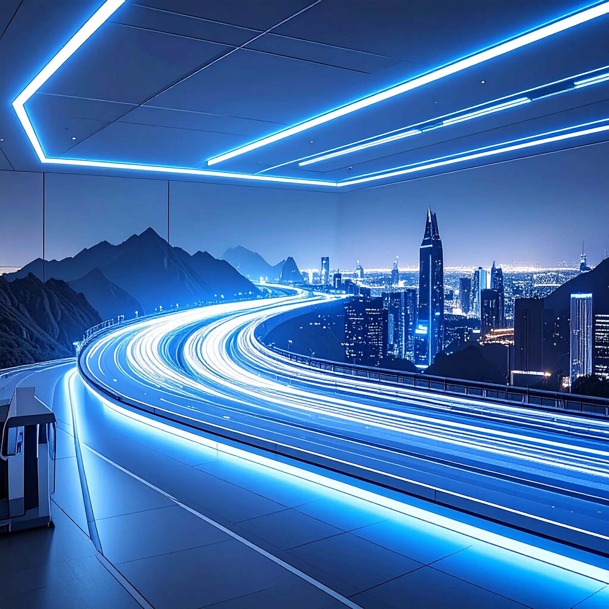 An energy road with light beams separating a mountain range and futuristic cityscape.