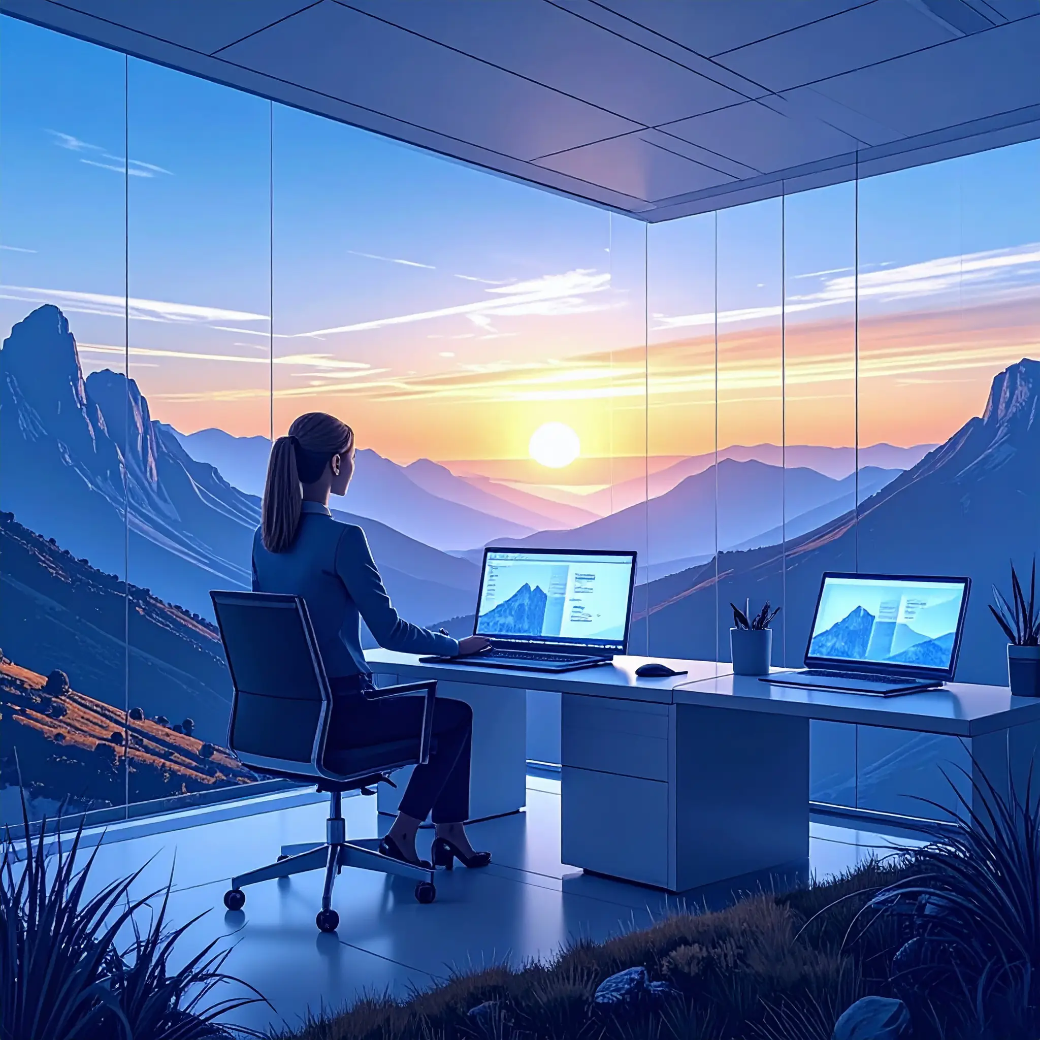 A professional young woman looking at a laptop in a spacious office.