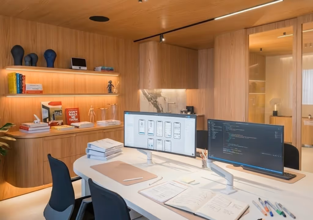 Office space with monitors and design tools.