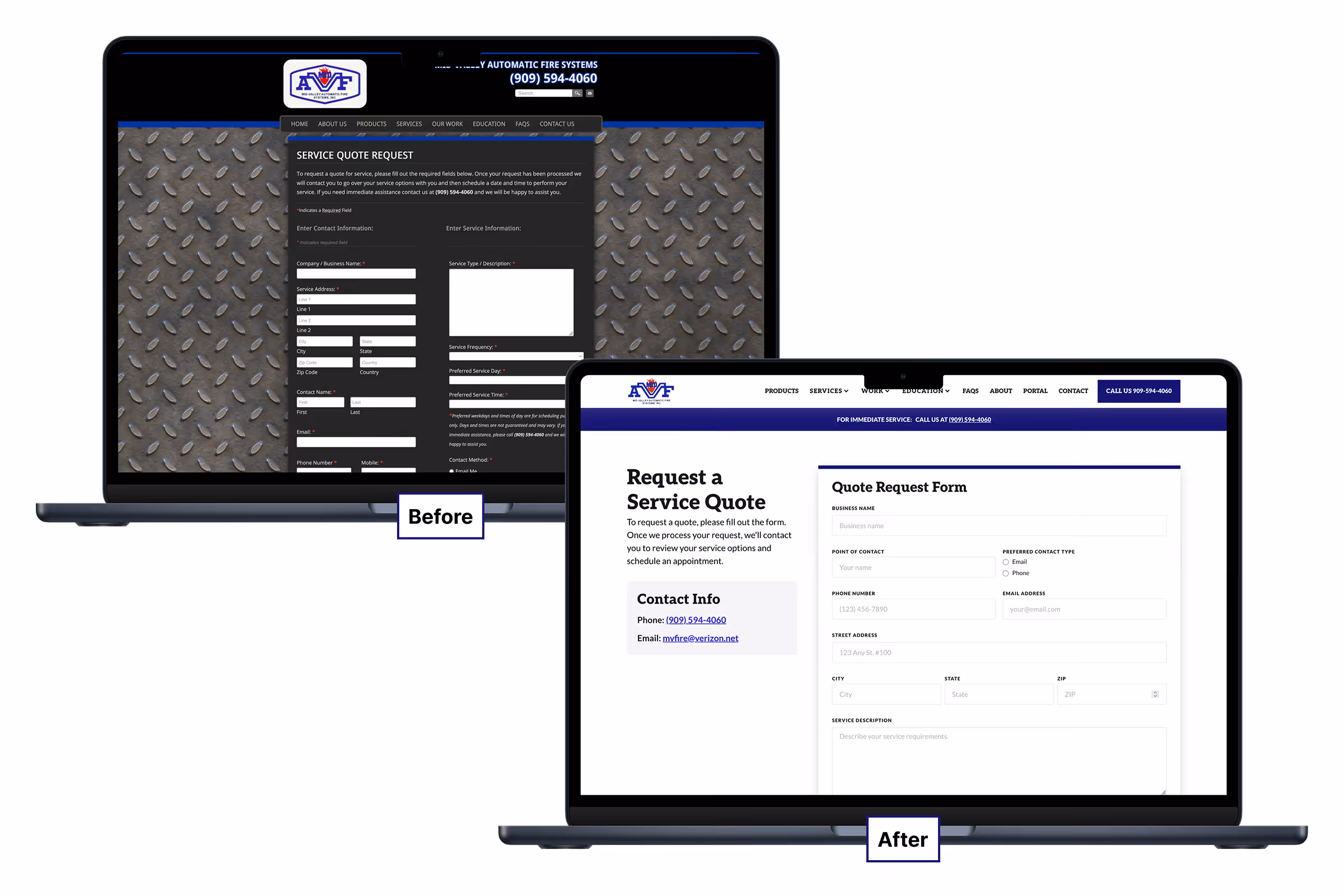 Before and after of the Mid-Valley Automatic Fire Systems website.