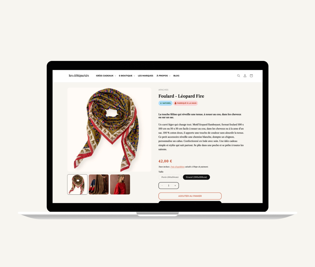 Image d'un ordinateur portable affichant la page d'un produit du site lesethiquetes.fr