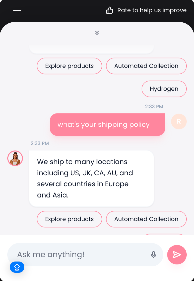YepAI agent answering a customer’s shipping policy question