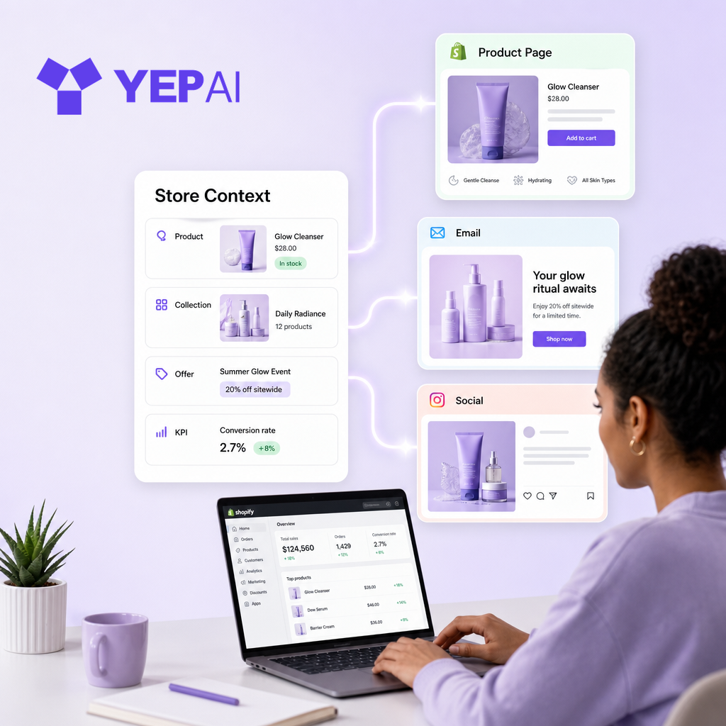 Store context flows into product, email, and social assets
