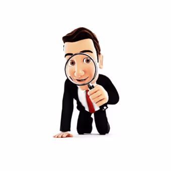 3D cartoon businessman in a suit holding a magnifying glass in front of his face while kneeling.