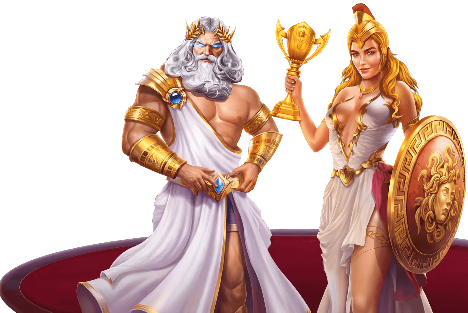 Characters from game of olympus holding a trophee
