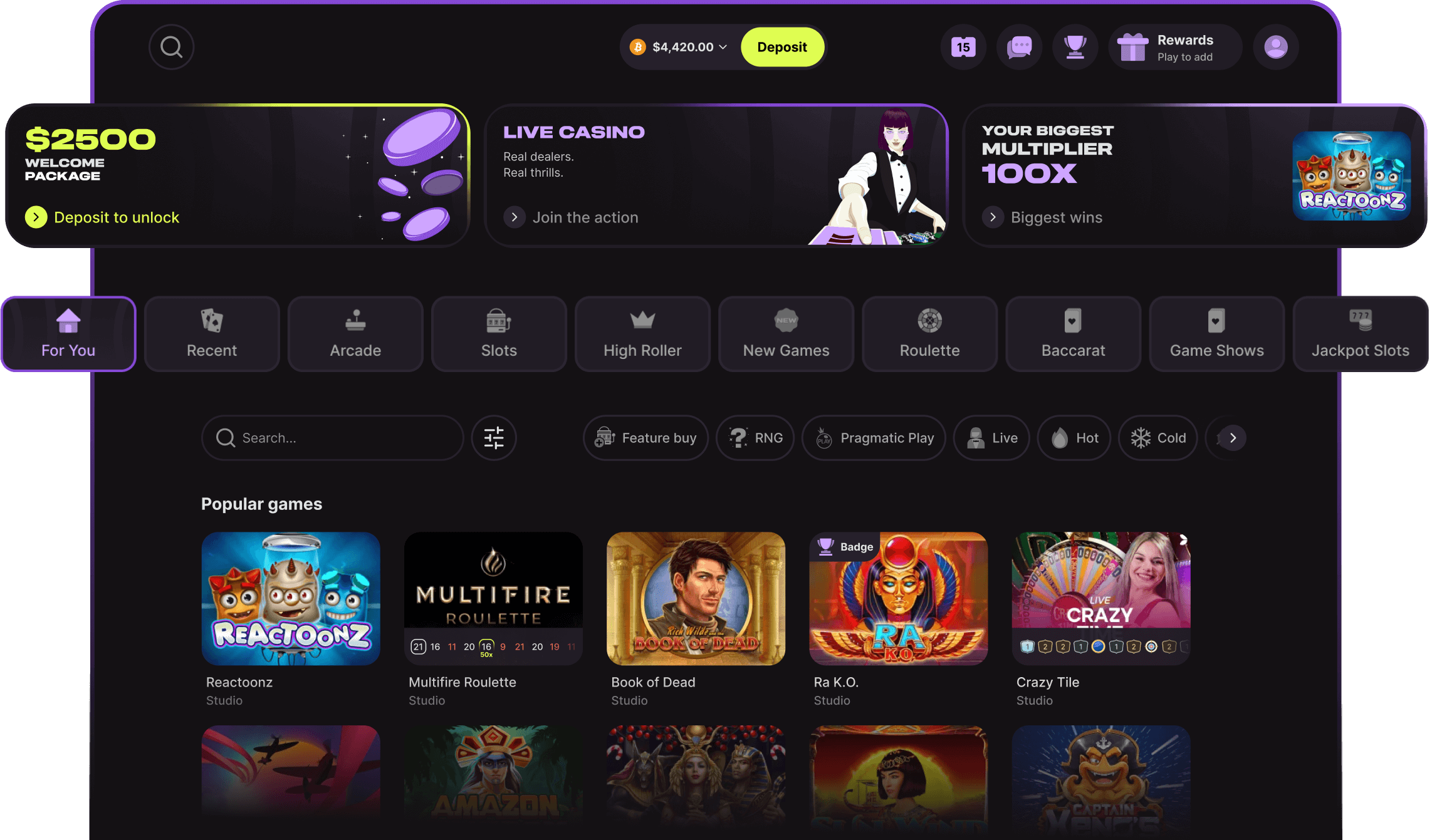 Interfaz de usuario de Cloudbet Casino