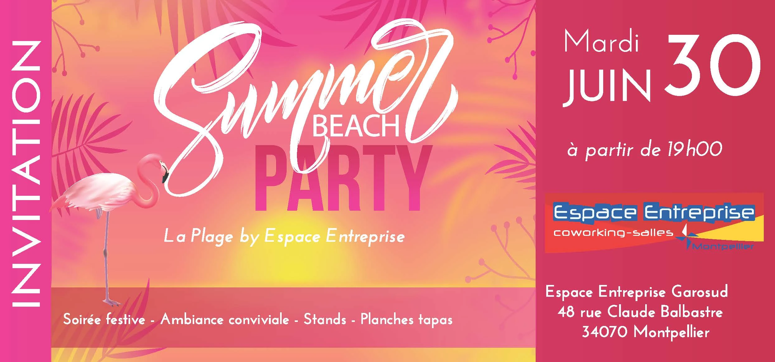 Invitation pour la Summer Beach Party à Montpellier le mardi 30 juin à partir de 19h, avec un flamant rose et ambiance estivale.