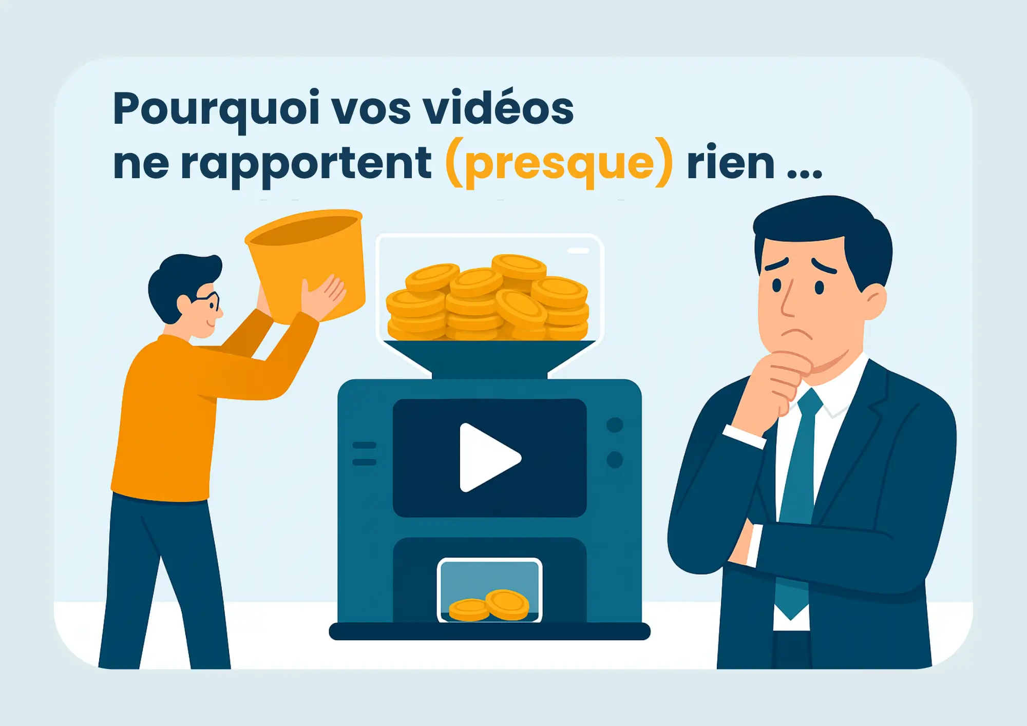 Illustration d’un entrepreneur perplexe devant une machine vidéo en Vendée, investissant beaucoup d’argent mais obtenant peu de rendement, symbolisant un faible retour sur investissement.