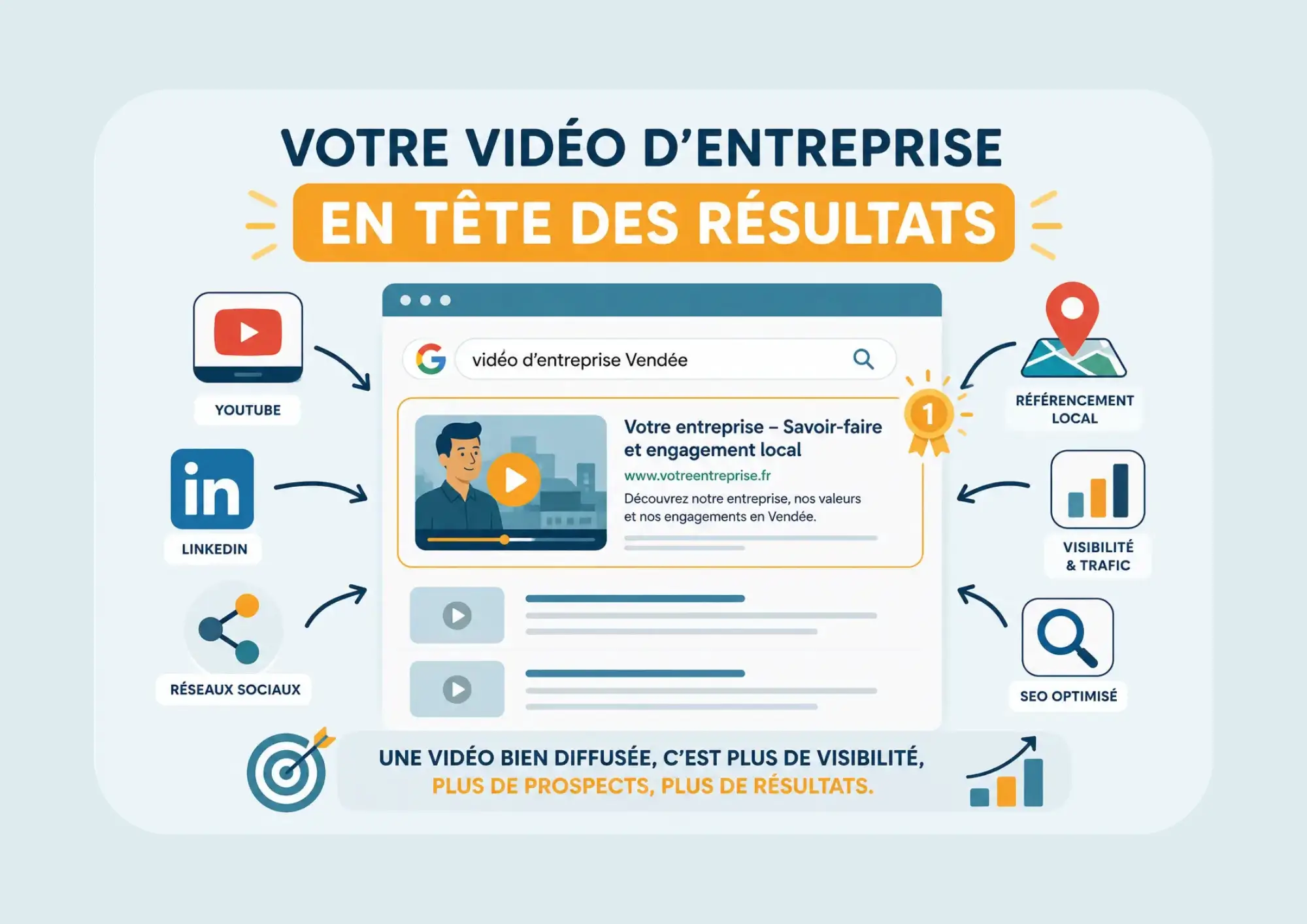 Illustration d’une stratégie de diffusion vidéo d’entreprise optimisée pour le référencement SEO local en Vendée avec visibilité Google, YouTube et LinkedIn.