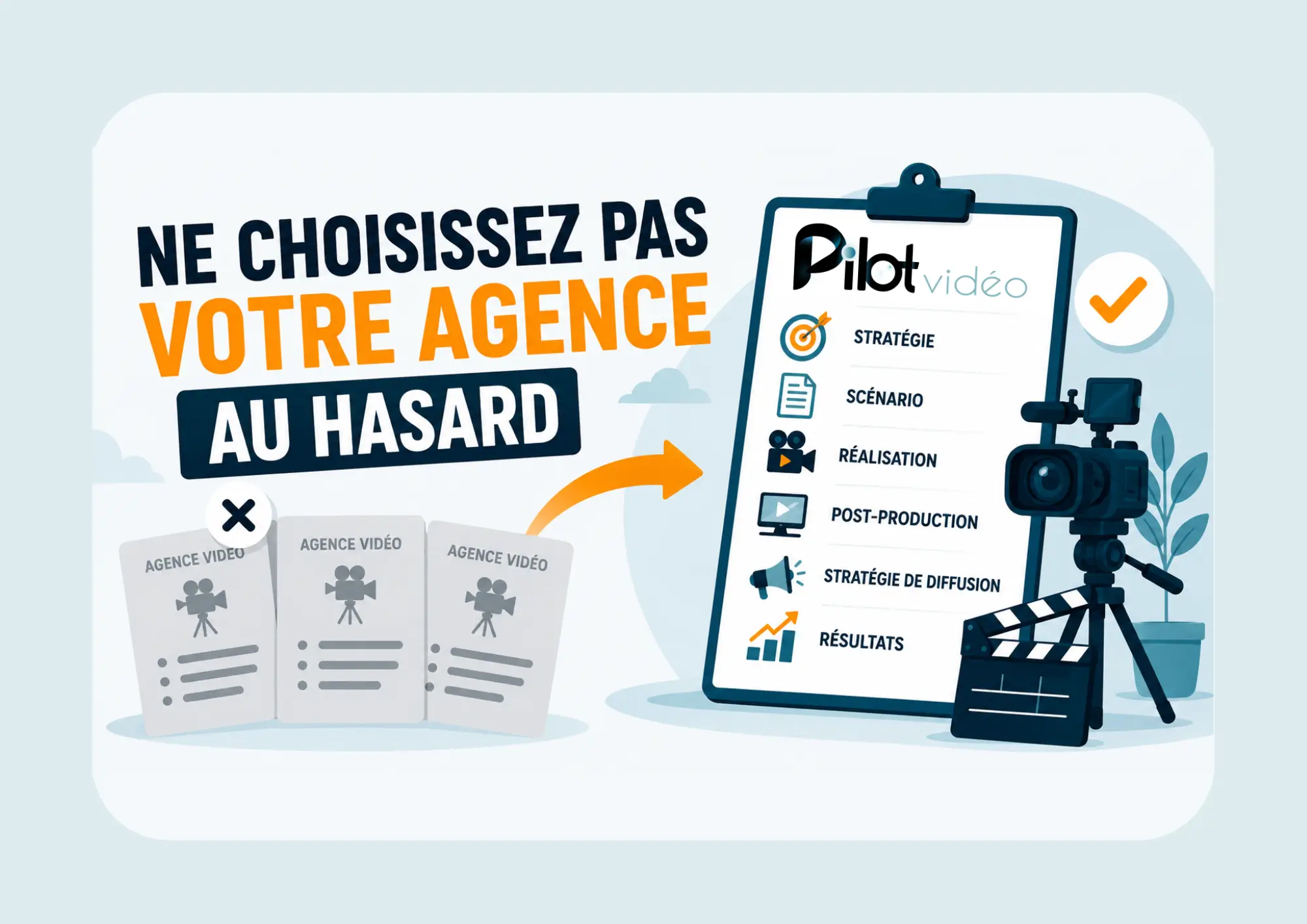 Illustration représentant les critères essentiels pour choisir une agence vidéo professionnelle en Vendée : stratégie, accompagnement, expertise et production audiovisuelle pour les entreprises.
