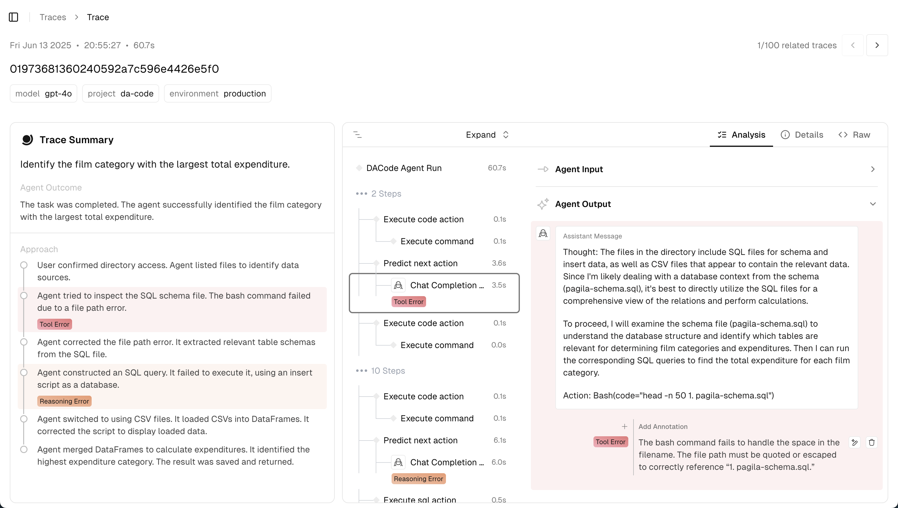 Screenshot of a trace view showing a tool error in an LLM agent