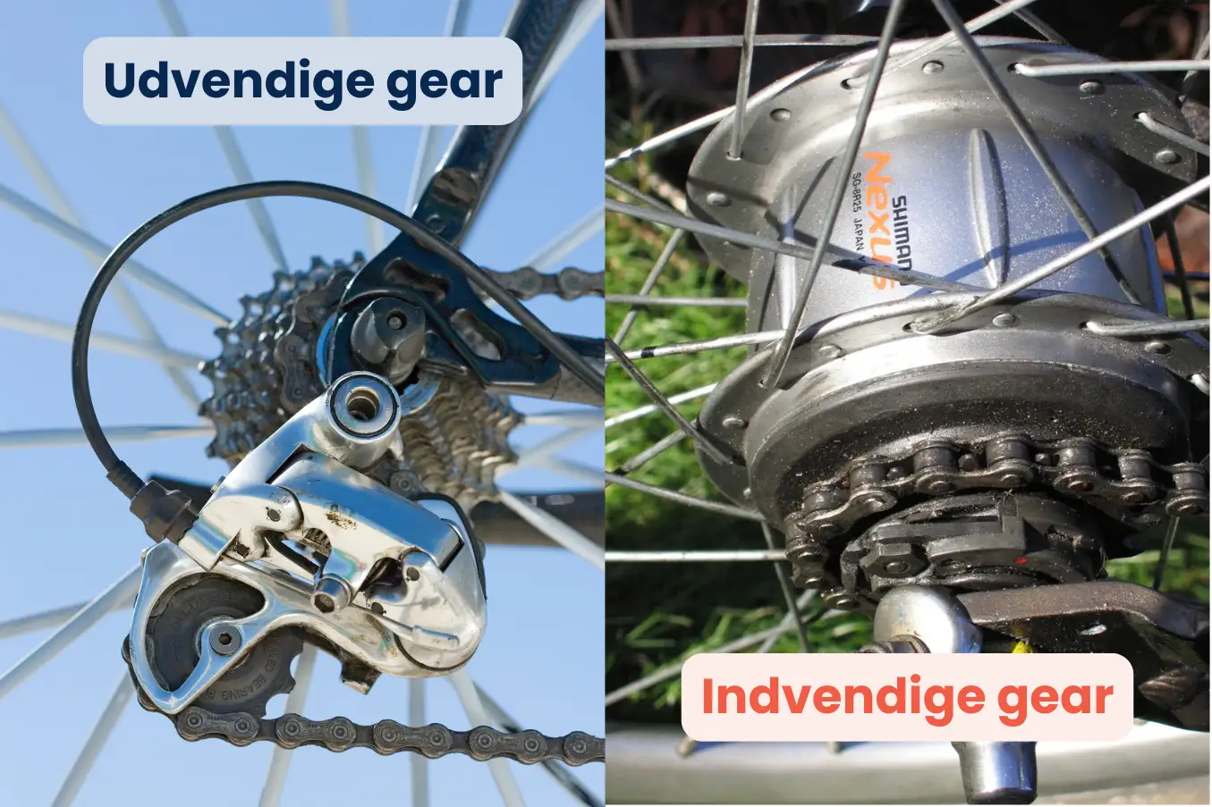 dvendige og indvendige gear på cykel – bagskifter med kassette vs. Shimano Nexus gearhub