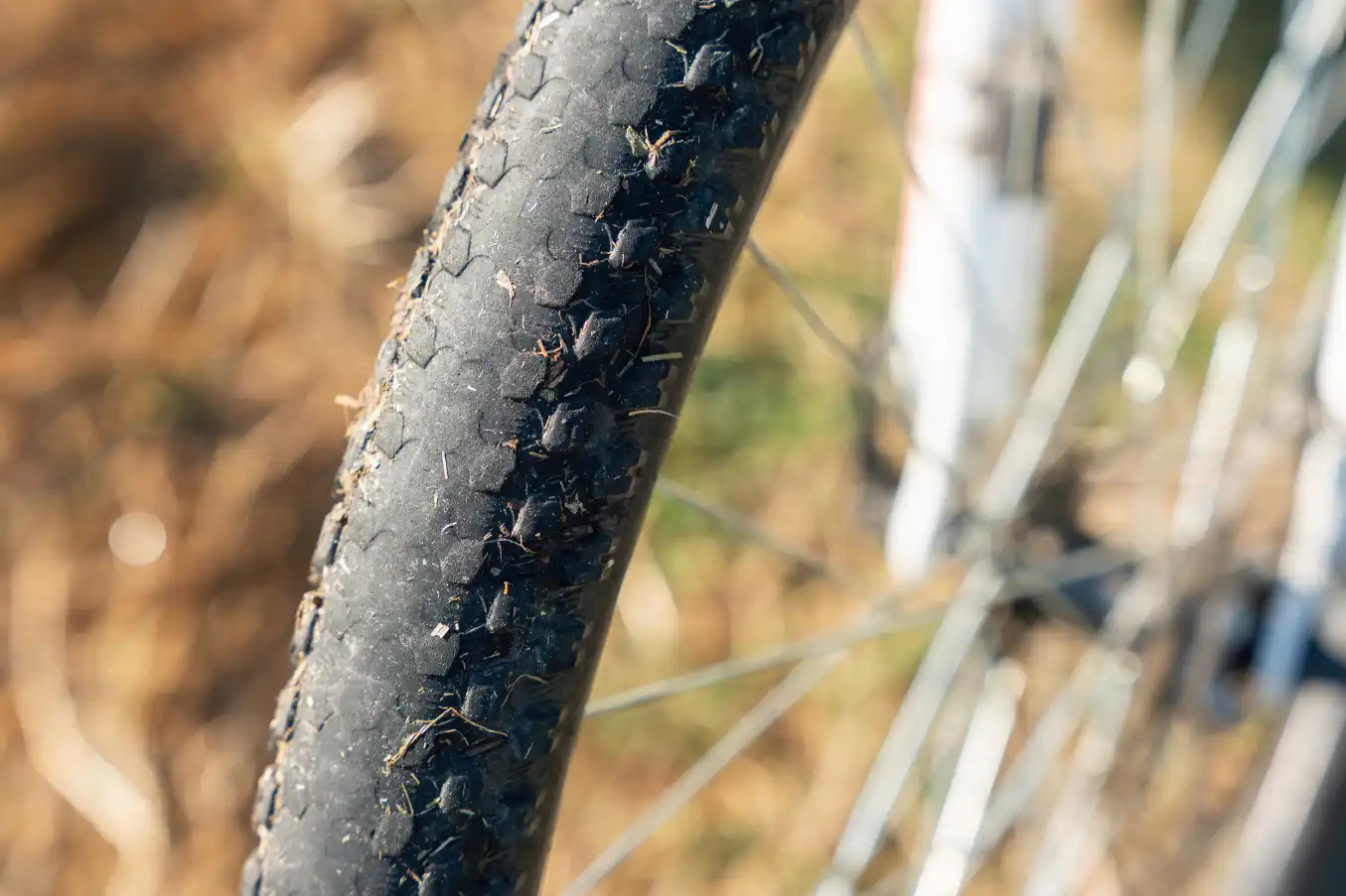 Slidt cykeldæk med synlige tråde og glat slidflade – tegn på at dækket skal skiftes