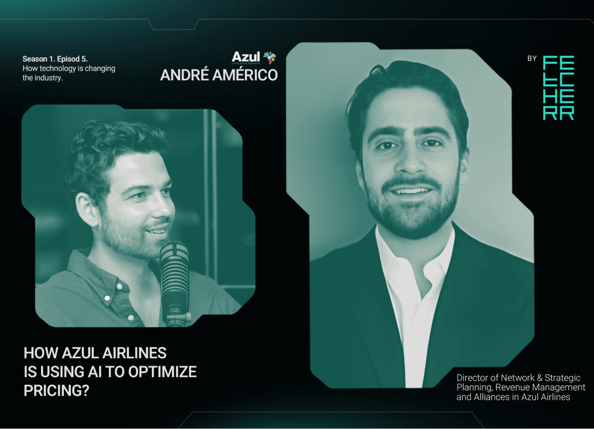 AI.RLINE by Fetcherr podcast cover featuring André Américo (Azul Airlines) for the episode on how Azul uses AI to optimize pricing