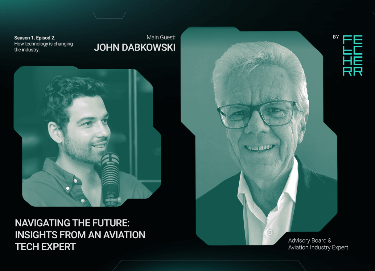 Fetcherr podcast episode artwork (Season 1, Episode 2) featuring main guest John Dabkowski, with portraits of the host speaking into a microphone and Dabkowski smiling in glasses, alongside the title “Navigating the Future: Insights from an Aviation Tech E