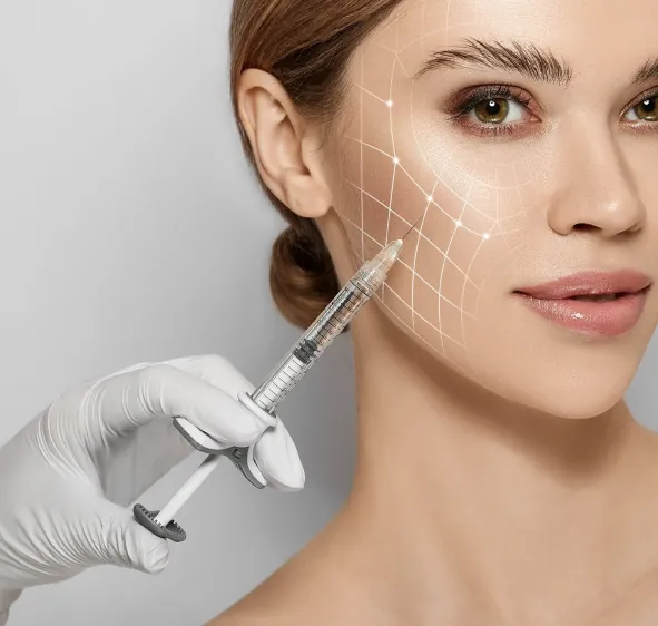 Close-up of a woman’s face with marked facial lines receiving a cosmetic injection from a gloved hand holding a syringe.
