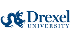 Drexel University logo with dragon icon in blue.