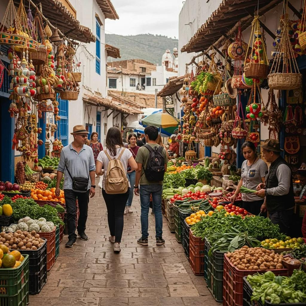 Group of travelers exploring a vibrant local market, embodying the spirit of unscripted travel and cultural immersion