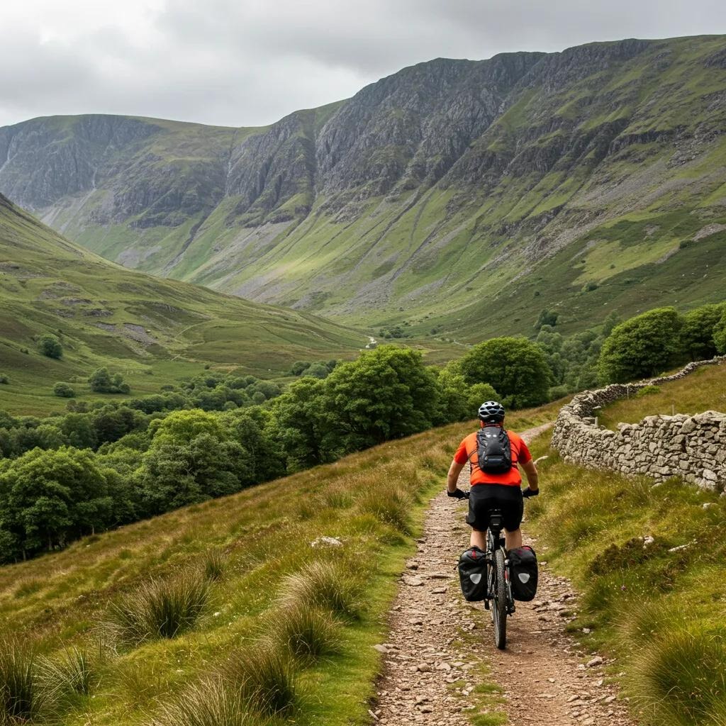 Bikepacker navigating the scenic trails of Wales, emphasizing safety and adventure in remote areas