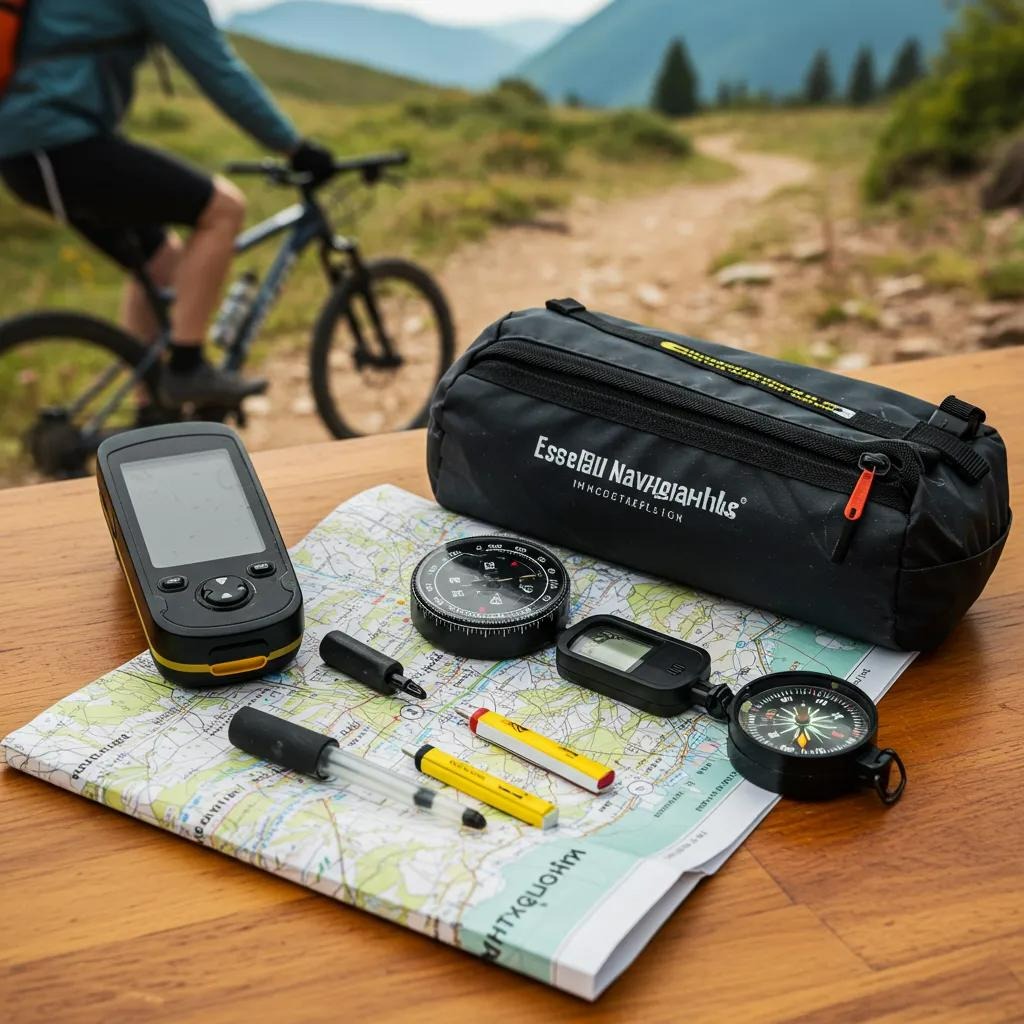 Essential navigation tools for bikepacking, including GPS, map, and compass, set against a backdrop of a scenic trail