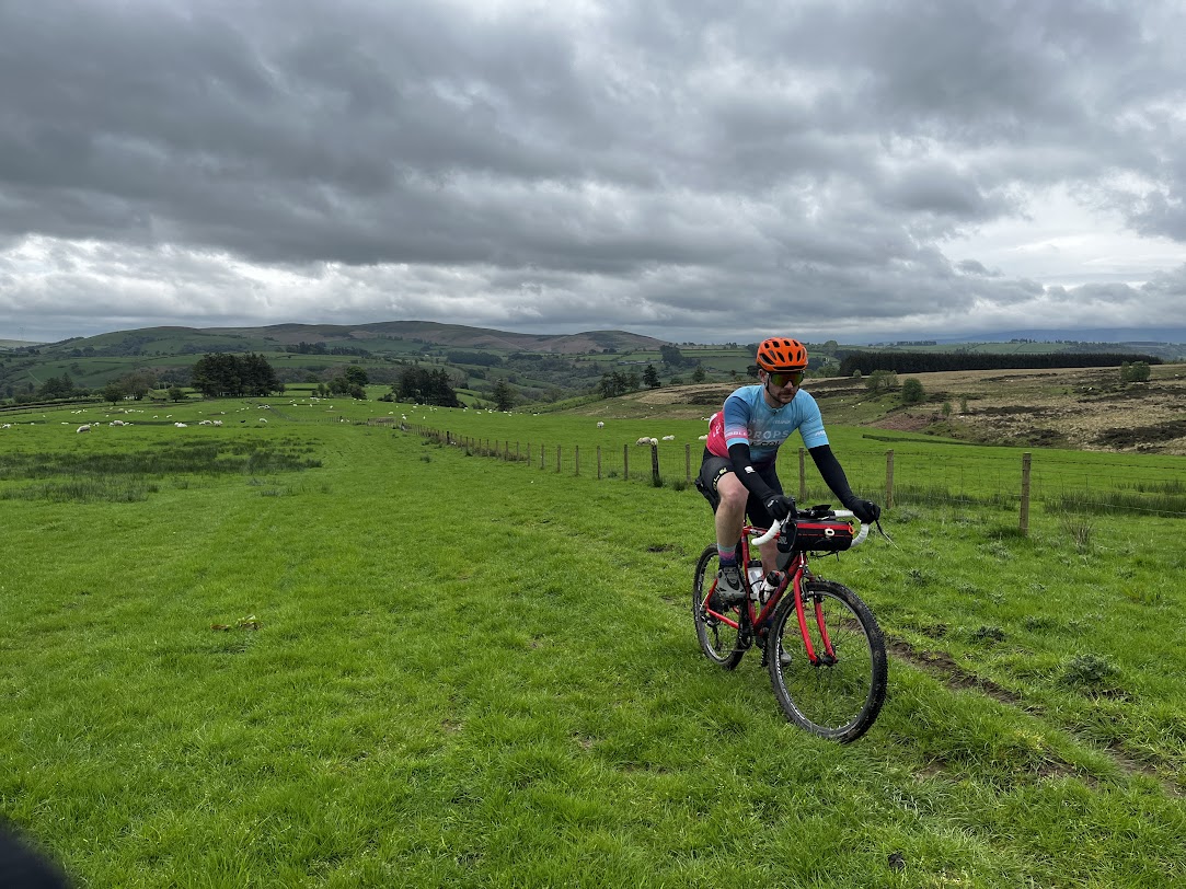 man biking in Wales with sheep in the background