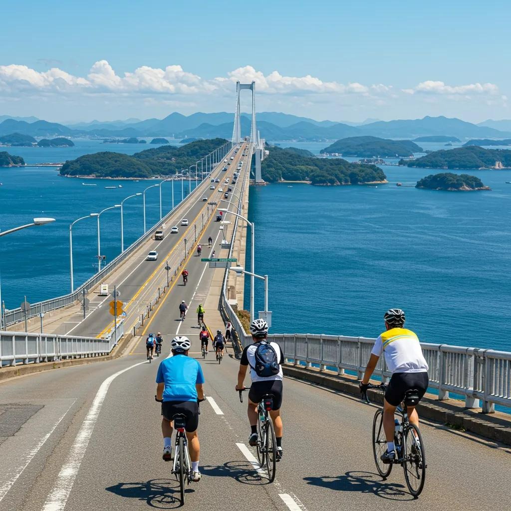 Cyclists cruising the Shimanami Kaido with the epic Kurushima-Kaikyo Bridge in the background – pure scenic bikepacking bliss.