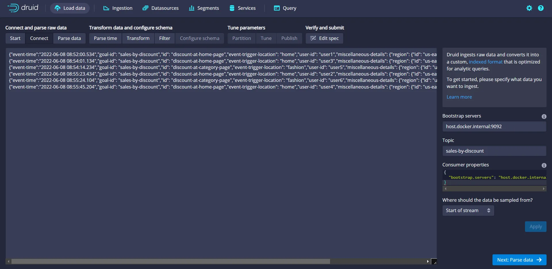 Druid streaming data output from Kafka topic