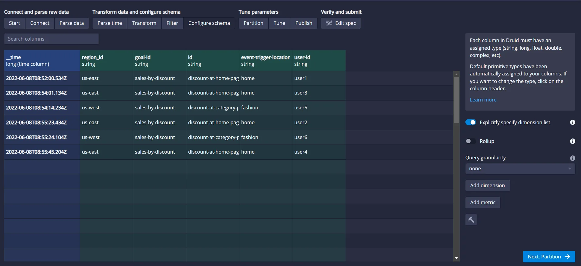 Druid Configure Schema screen