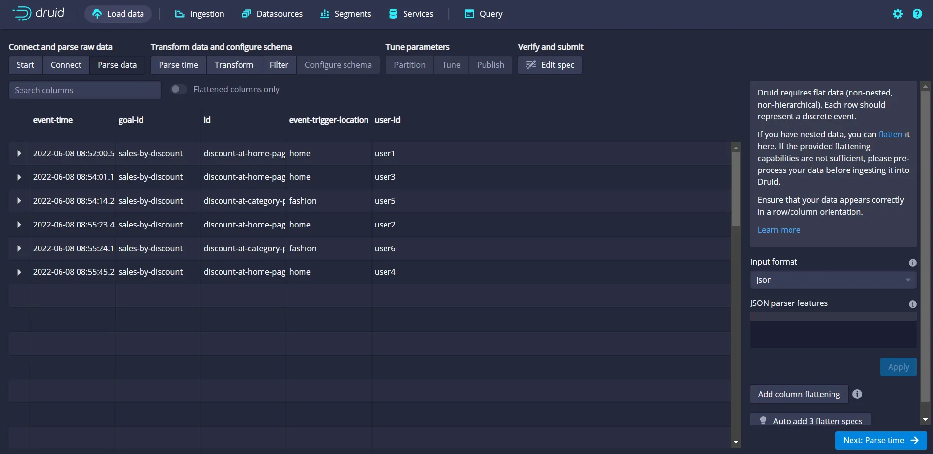 Druid parse nested JSON fields using column-flattening feature