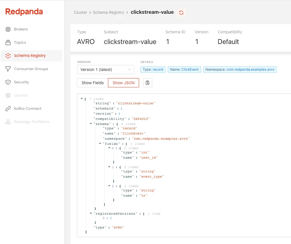 Screenshot of the Schema Registry page in Redpanda Console