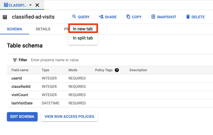 Viewing the table schema in BigQuery