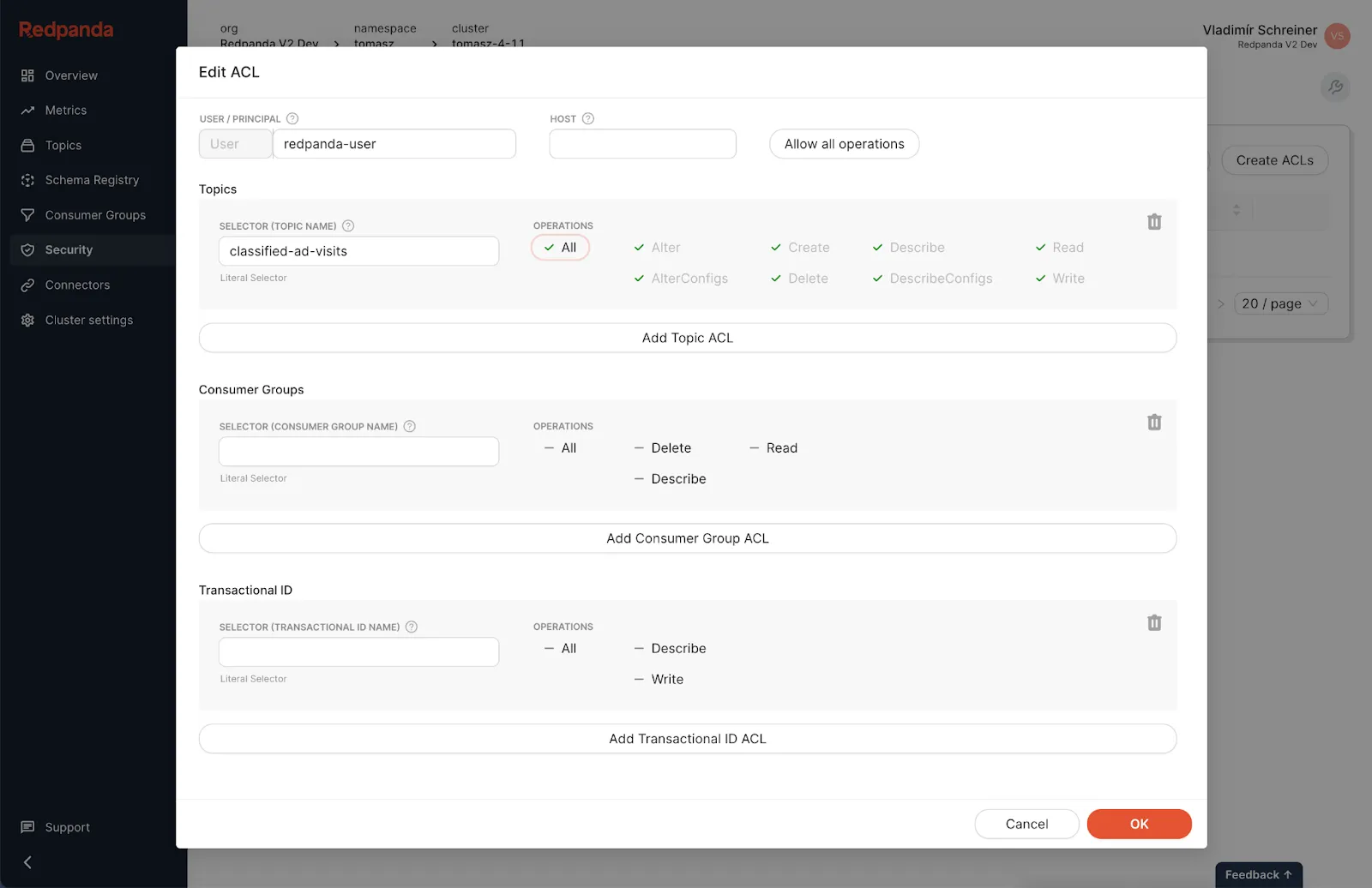 Granting permissions to redpanda-user in Redpanda Cloud UI