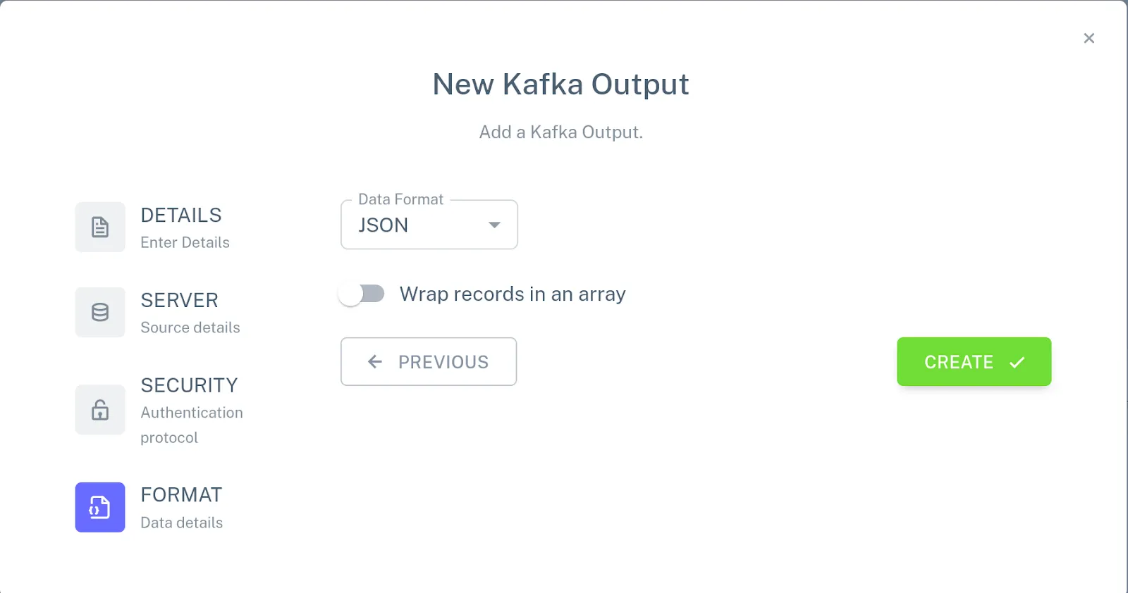 Screenshot of the new Kafka connector format configuration for the “vendor” table.