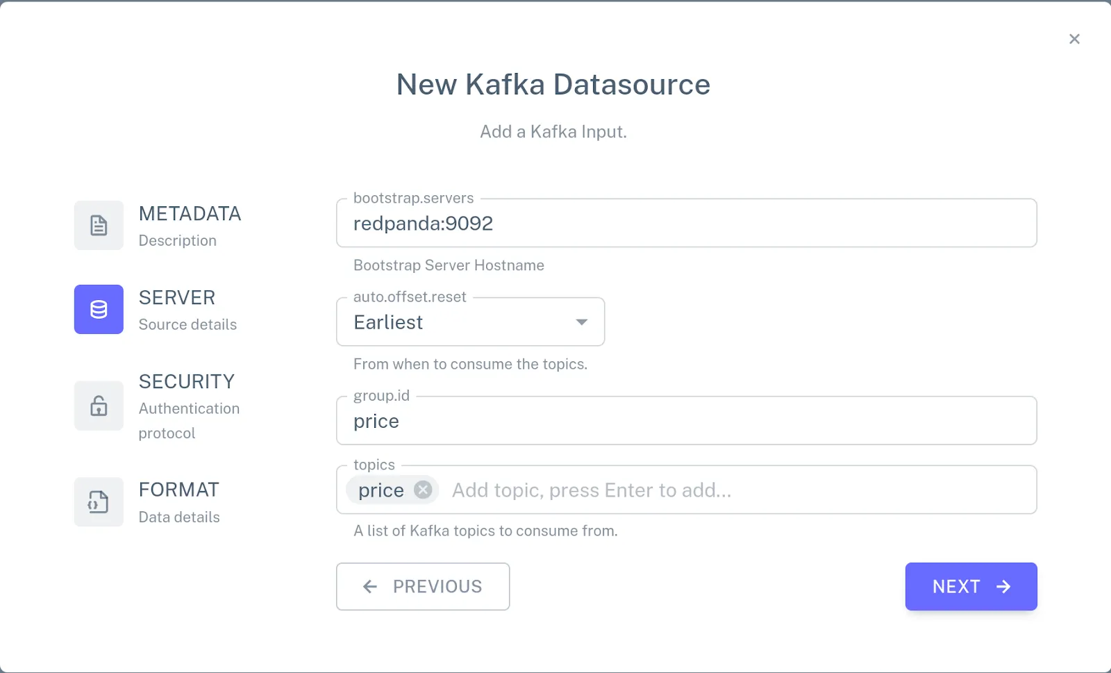 Screenshot of the new Kafka connector configuration.