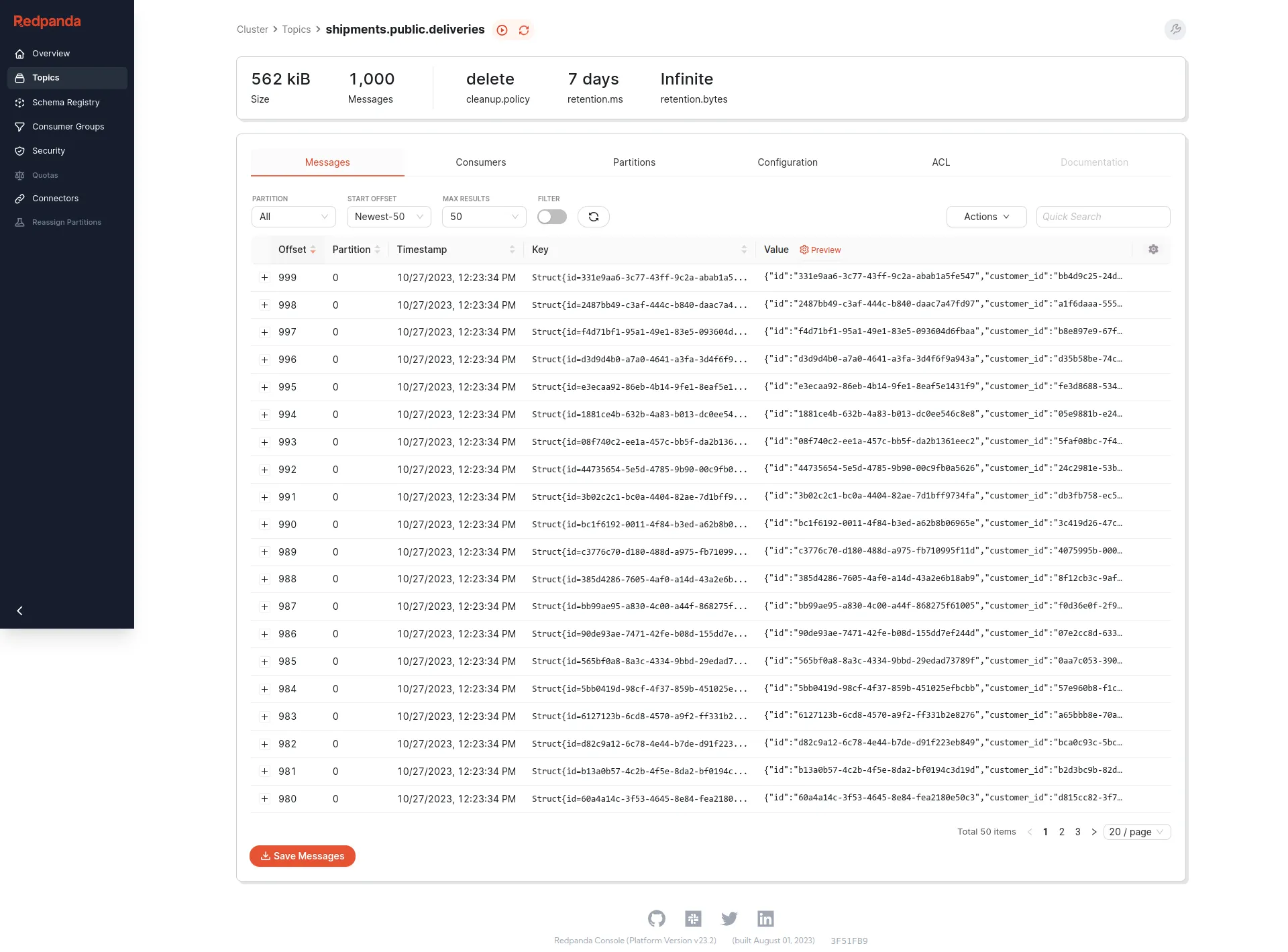 Redpanda console: topic details view