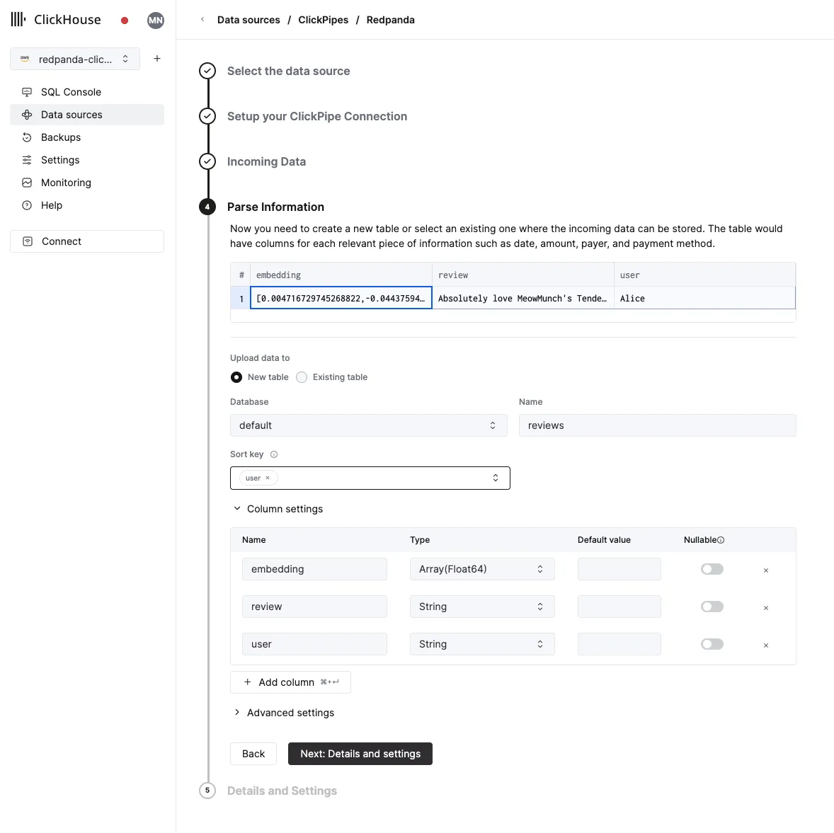 Configuring the ClickPipe in the Clickhouse web console