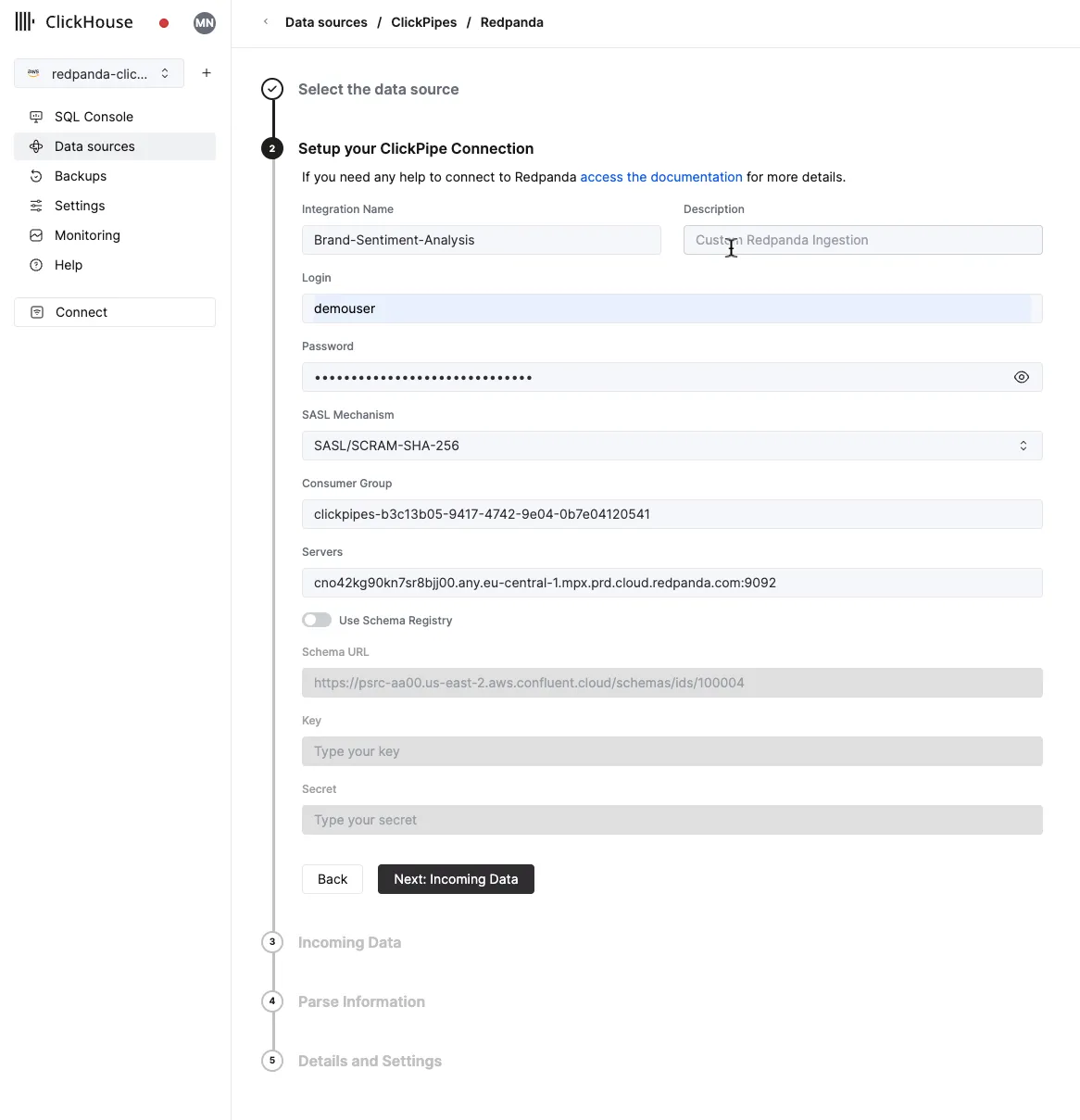 Creating a ClickPipe in the Clickhouse web console