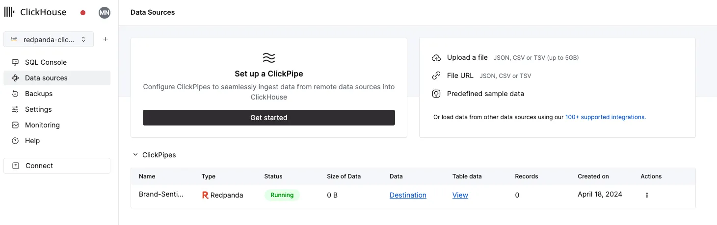 Ingesting data into ClickPipe from the Redpanda topic